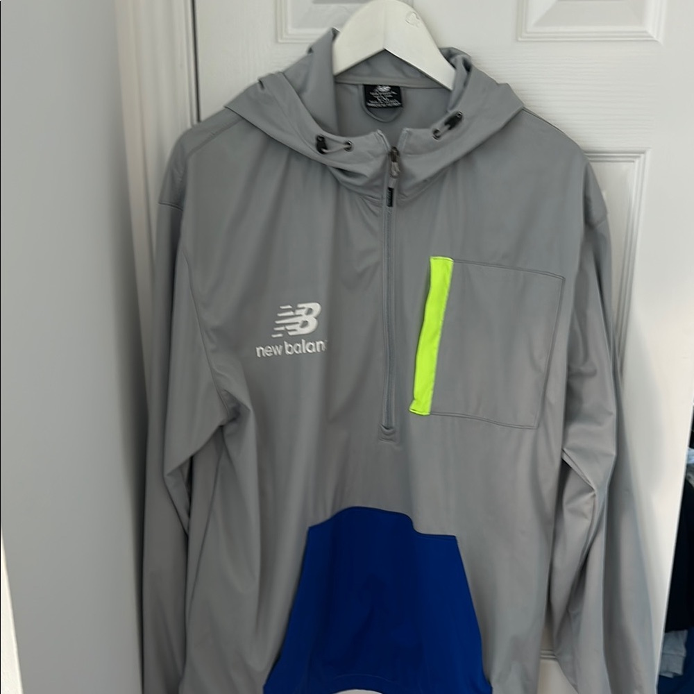 New Balance Gray and Blue Windbreaker with hood.